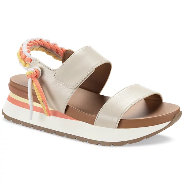 Aerosoles Sookie Wedge Sandals feature a platform design with two beige straps across the foot and a colorful braided elastic back strap, set on a multicolored wedge sole for a stylish, casual look.