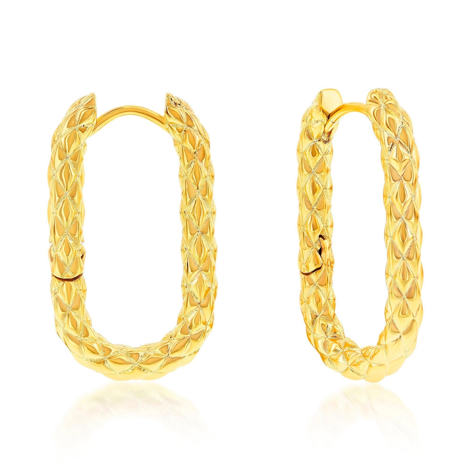 A pair of gold-plated hoop earrings with a textured, braided design.