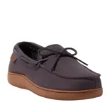 A dark gray moccasin-style slipper with a brown rubber sole, featuring a soft inner lining and decorative laces on top.
