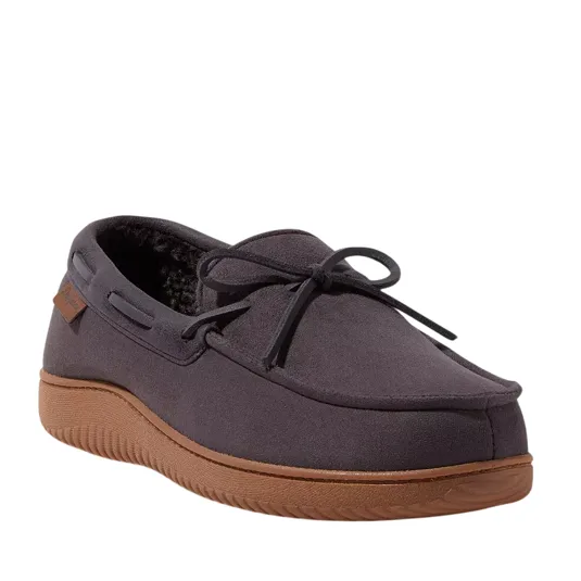 A dark gray moccasin-style slipper with a brown rubber sole, featuring a soft inner lining and decorative laces on top.
