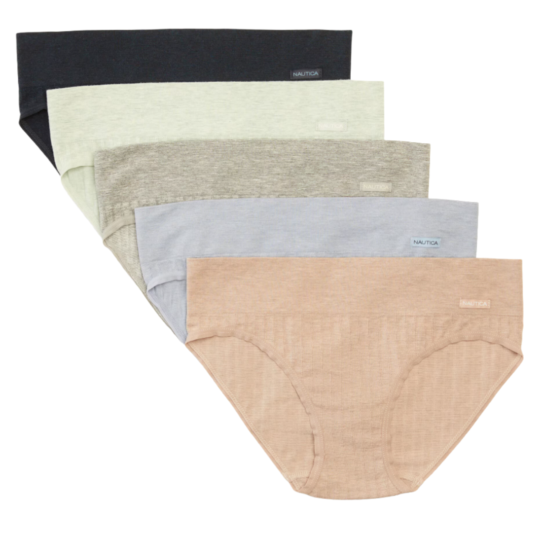 A set of five Nautica women's seamless bikini underwear in various colors: black, light green, beige, blue, and tan.