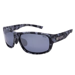 A pair of camouflage-patterned sunglasses with dark lenses.