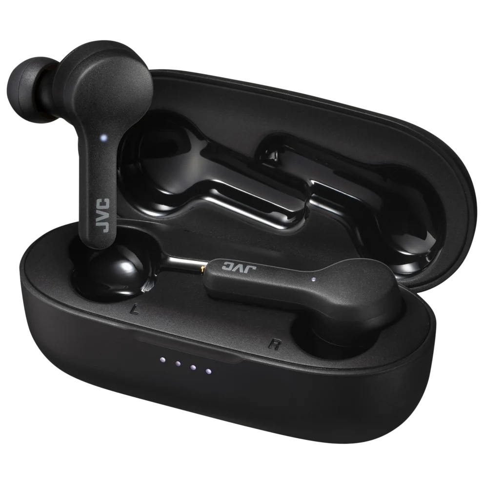 Black JVC true wireless earbuds with a sleek charging case, featuring LED indicators on the front. The earbuds have a stem design with in-ear cushions.