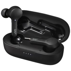 Black JVC true wireless earbuds with a sleek charging case, featuring LED indicators on the front. The earbuds have a stem design with in-ear cushions.