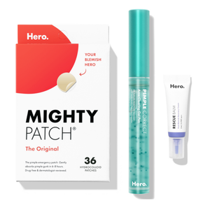 Three acne treatment items are shown: a box of 36 \“Mighty Patch\“ hydrocolloid pimple patches, a \“Pimple Corrector\“ pen, and a small tube of acne treatment cream.