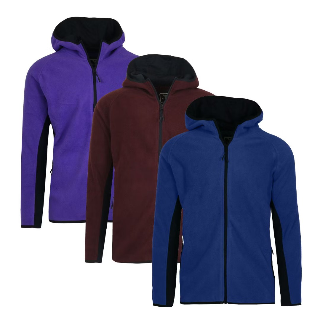 Three hooded fleece jackets in blue, maroon, and purple, featuring black inner linings and zippers.