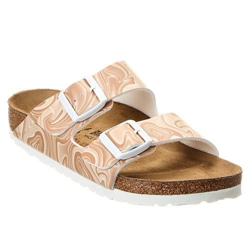 Birkenstock Women's Arizona Sandals feature a two-strap design with adjustable buckles, a swirled beige and white pattern, and a contoured cork footbed for support.
