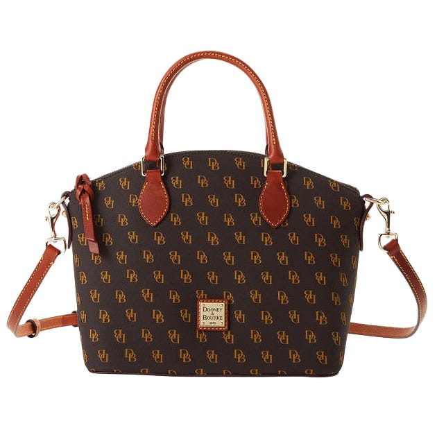 A brown Dooney & Bourke handbag featuring a repeating \“DB\“ monogram pattern, equipped with brown leather handles, a detachable shoulder strap, and a gold-tone logo plaque on the front.