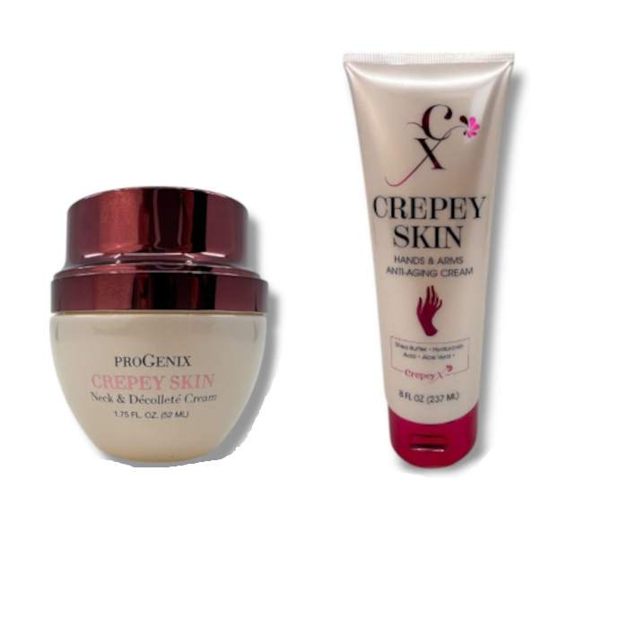 ProGenix Crepey Skin Neck & Décolleté Cream (1.75 FL OZ) and Crepey Skin Hands & Arms Anti-Aging Cream (8 FL OZ) with shea butter and hyaluronic acid.