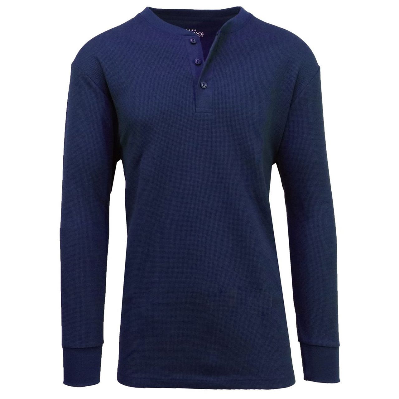 A navy blue, long-sleeve henley shirt with a three-button placket and ribbed cuffs.