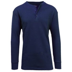 A navy blue, long-sleeve henley shirt with a three-button placket and ribbed cuffs.