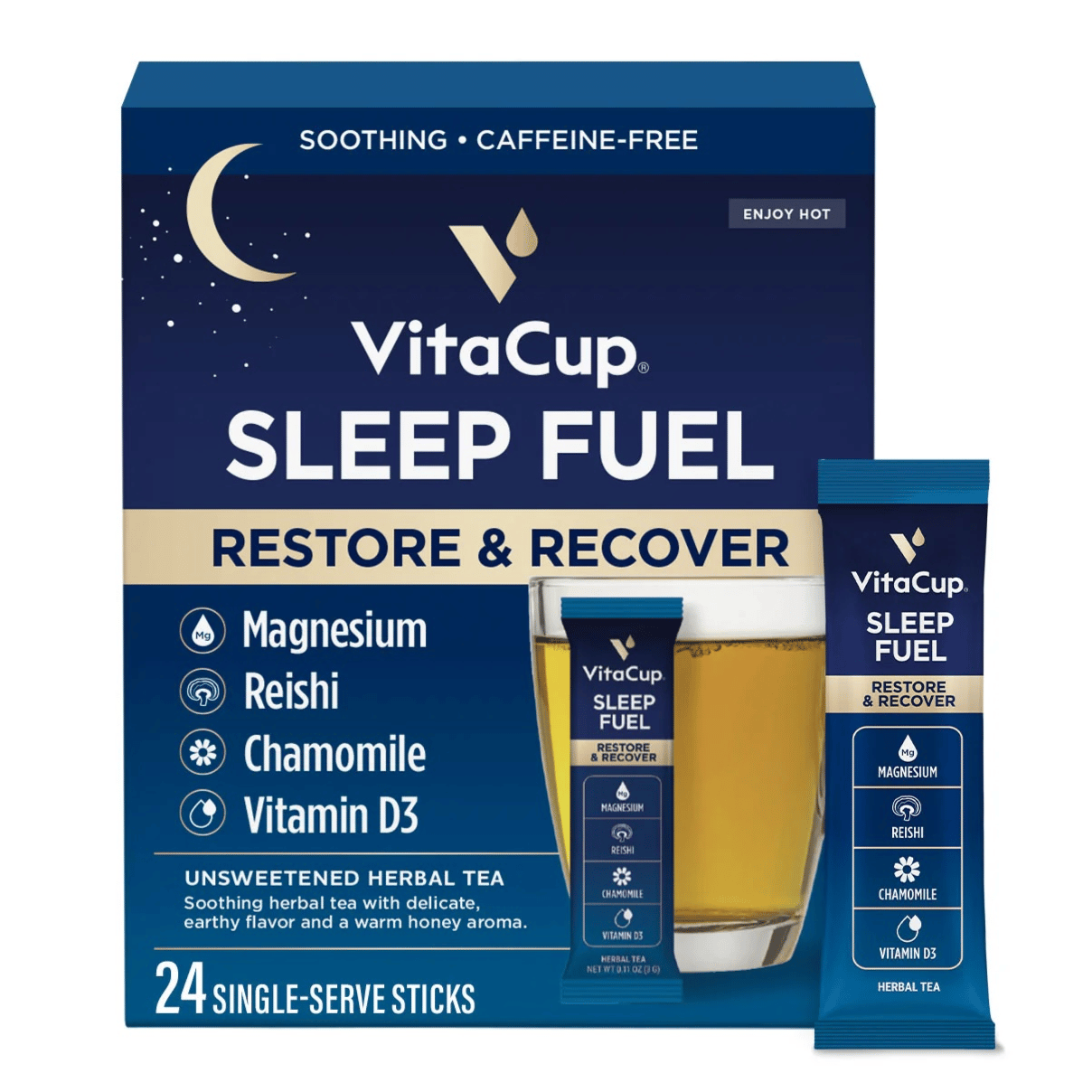 VitaCup Sleep Fuel is a caffeine-free herbal tea with 24 single-serve sticks, containing magnesium, reishi, chamomile, and vitamin D3, designed to soothe and aid sleep.