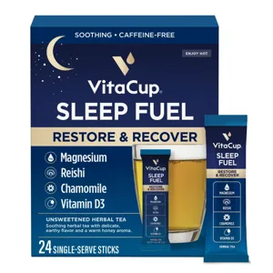 VitaCup Sleep Fuel is a caffeine-free herbal tea with 24 single-serve sticks, containing magnesium, reishi, chamomile, and vitamin D3, designed to soothe and aid sleep.