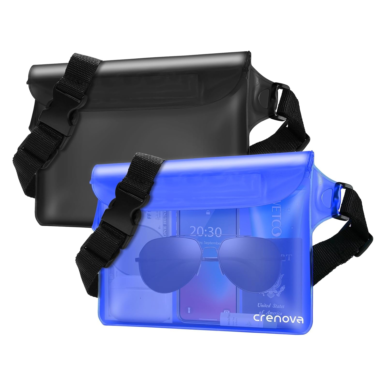 2-pack waterproof phone pouches with adjustable black straps, one black and one transparent blue, showing contents like a phone, passport, and sunglasses.
