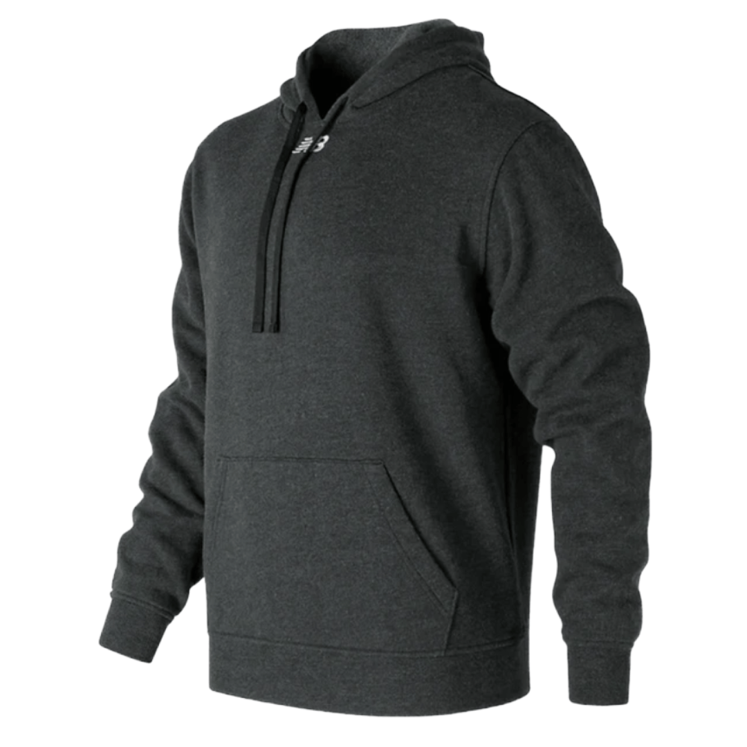 Dark gray hooded sweatshirt with a front kangaroo pocket and adjustable drawstrings.