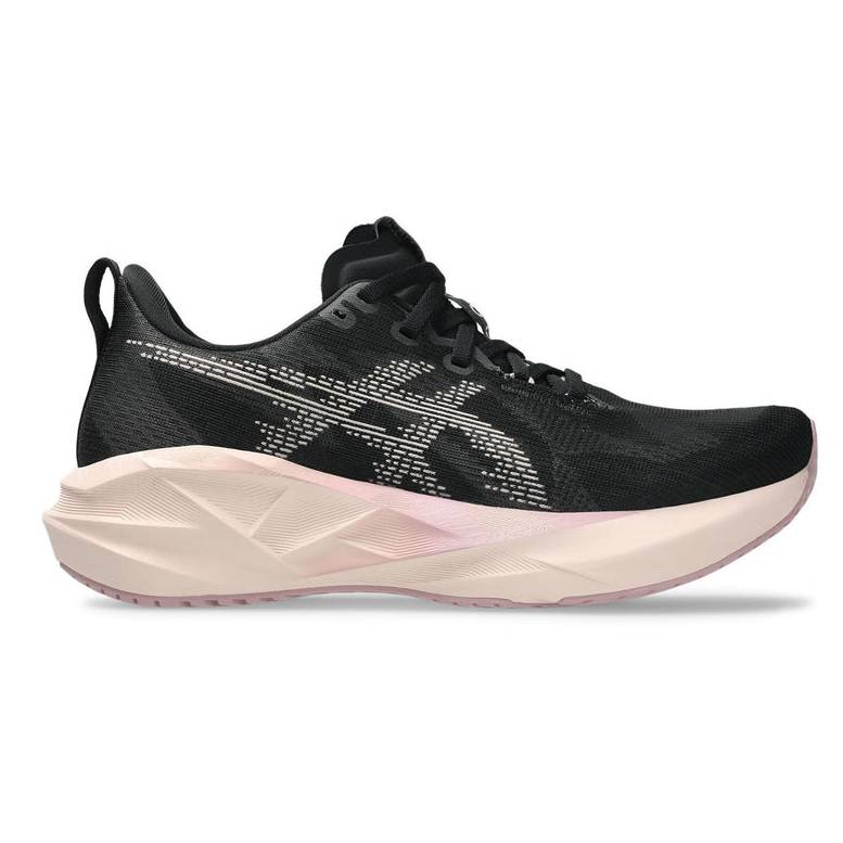 Black athletic running shoe with a thick, geometric-designed sole, featuring a white design on the side and a pinkish midsole.