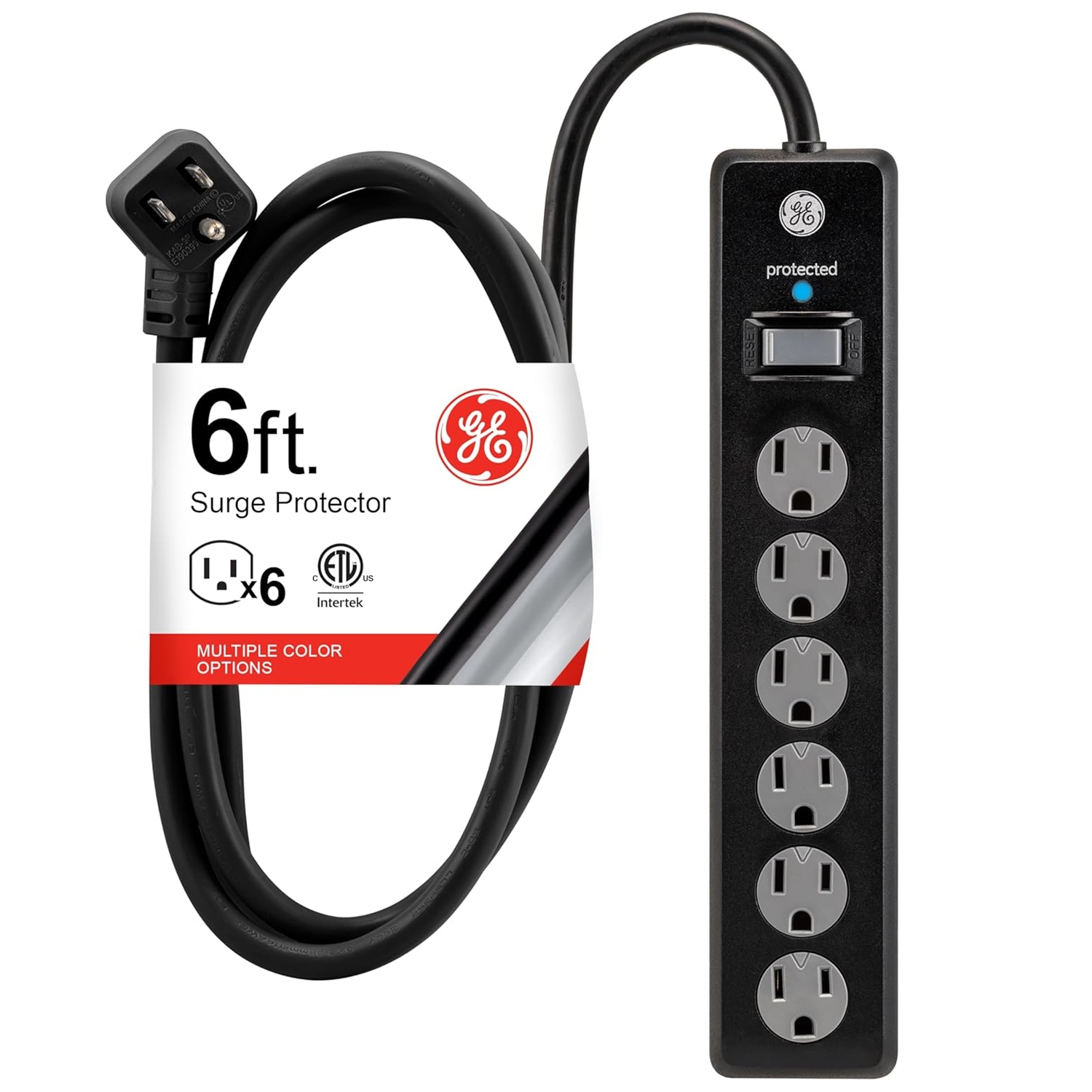 GE 6-ft Surge Protector with six outlets features a black design, on/off switch, and protective indicator light.