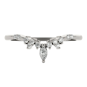 A silver ring featuring a unique design with a central marquise-cut diamond surrounded by smaller round and oval diamonds.