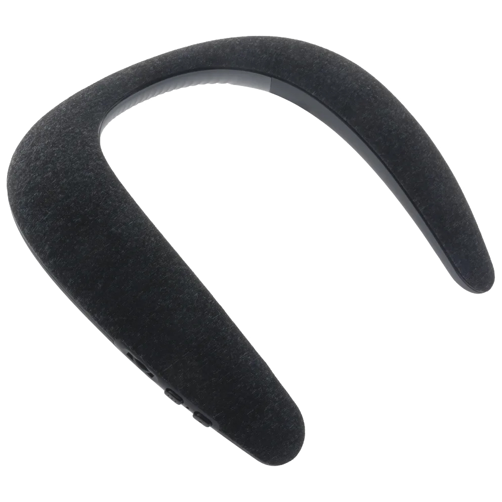 A lightweight, horseshoe-shaped, black Bluetooth speaker designed to be worn around the neck, with control buttons on the side.
