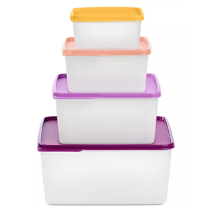 A 4-piece Tupperware container set with stackable rectangular containers in varying sizes. Each has a different colored lid: yellow, peach, light purple, and dark purple.