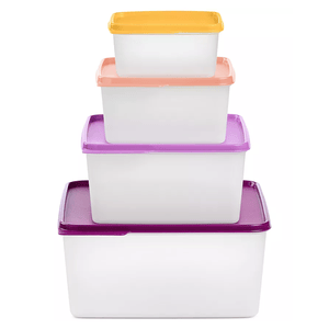A 4-piece Tupperware container set with stackable rectangular containers in varying sizes. Each has a different colored lid: yellow, peach, light purple, and dark purple.
