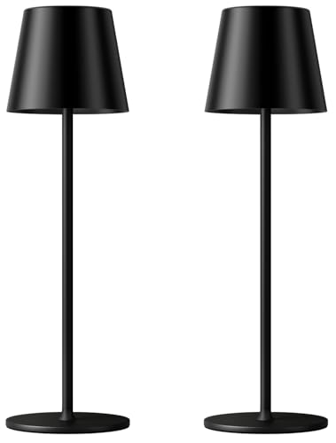 Two identical black floor lamps with minimalist design, featuring cylindrical bases and conical shades.
