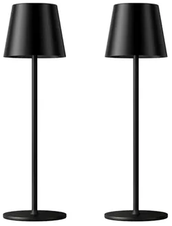 Two identical black floor lamps with minimalist design, featuring cylindrical bases and conical shades.