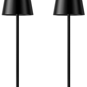 Two identical black floor lamps with minimalist design, featuring cylindrical bases and conical shades.