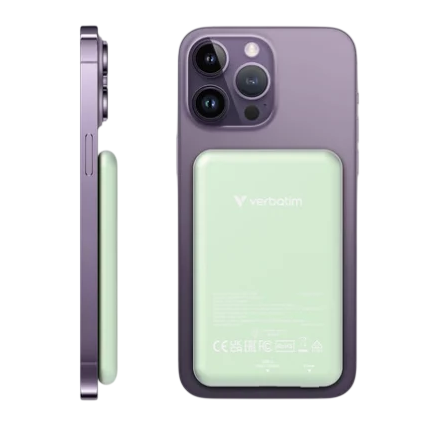A smartphone with a lavender finish, featuring a green Verbatim portable power bank attached to its back, is shown from various angles.
