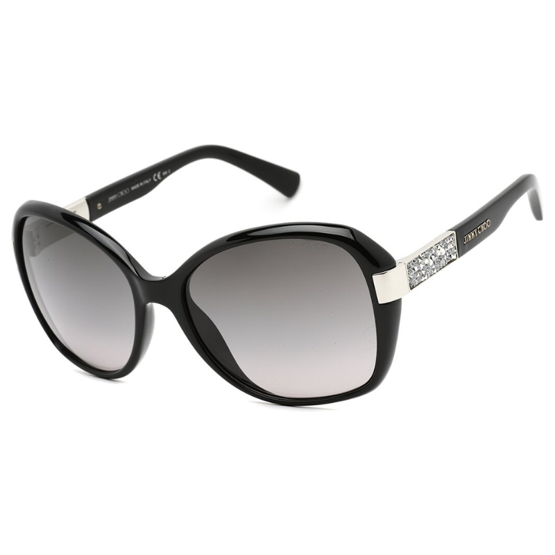 Black oversized sunglasses with gradient lenses and decorative crystal accents on the temples, featuring the brand name \“JIMMY CHOO.\“