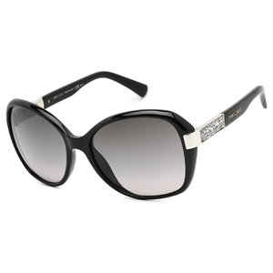 Black oversized sunglasses with gradient lenses and decorative crystal accents on the temples, featuring the brand name \“JIMMY CHOO.\“