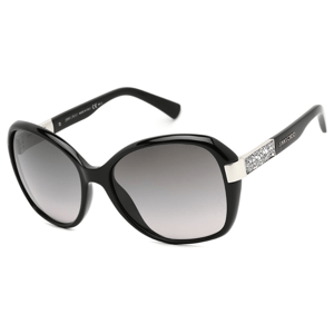 Black oversized sunglasses with gradient lenses and decorative crystal accents on the temples, featuring the brand name \“JIMMY CHOO.\“