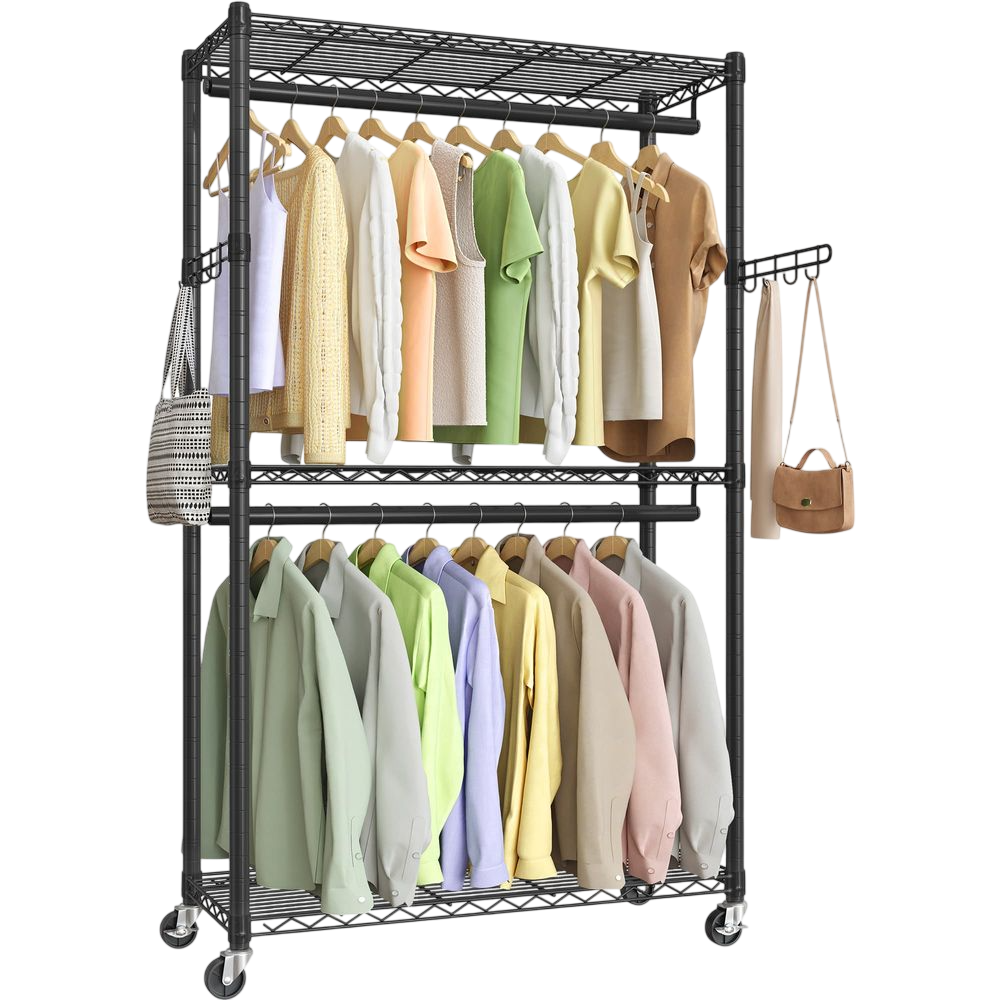 A moveable clothing rack features two hanging rods for various tops and jackets, with side hooks for bags. It has a black metal frame and is equipped with wheels for easy mobility.
