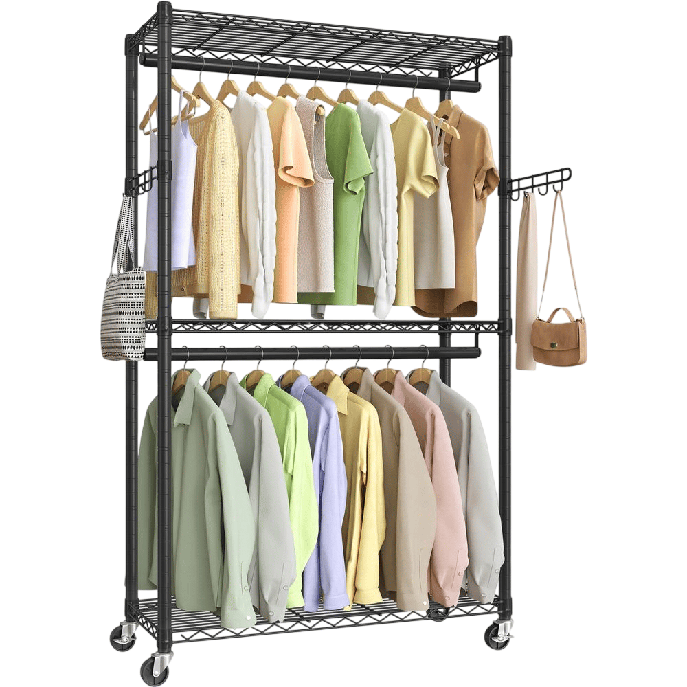 A moveable clothing rack features two hanging rods for various tops and jackets, with side hooks for bags. It has a black metal frame and is equipped with wheels for easy mobility.