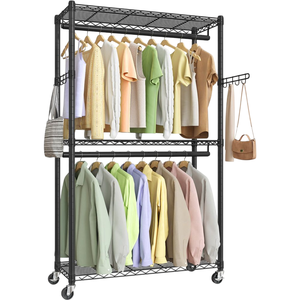 A moveable clothing rack features two hanging rods for various tops and jackets, with side hooks for bags. It has a black metal frame and is equipped with wheels for easy mobility.