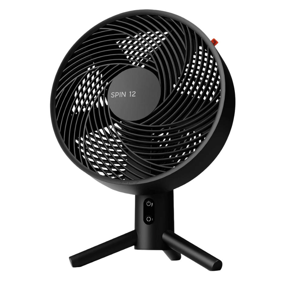 A black SPIN 12 table fan with a spiral grille, mounted on a three-legged stand, featuring two control buttons on the front.