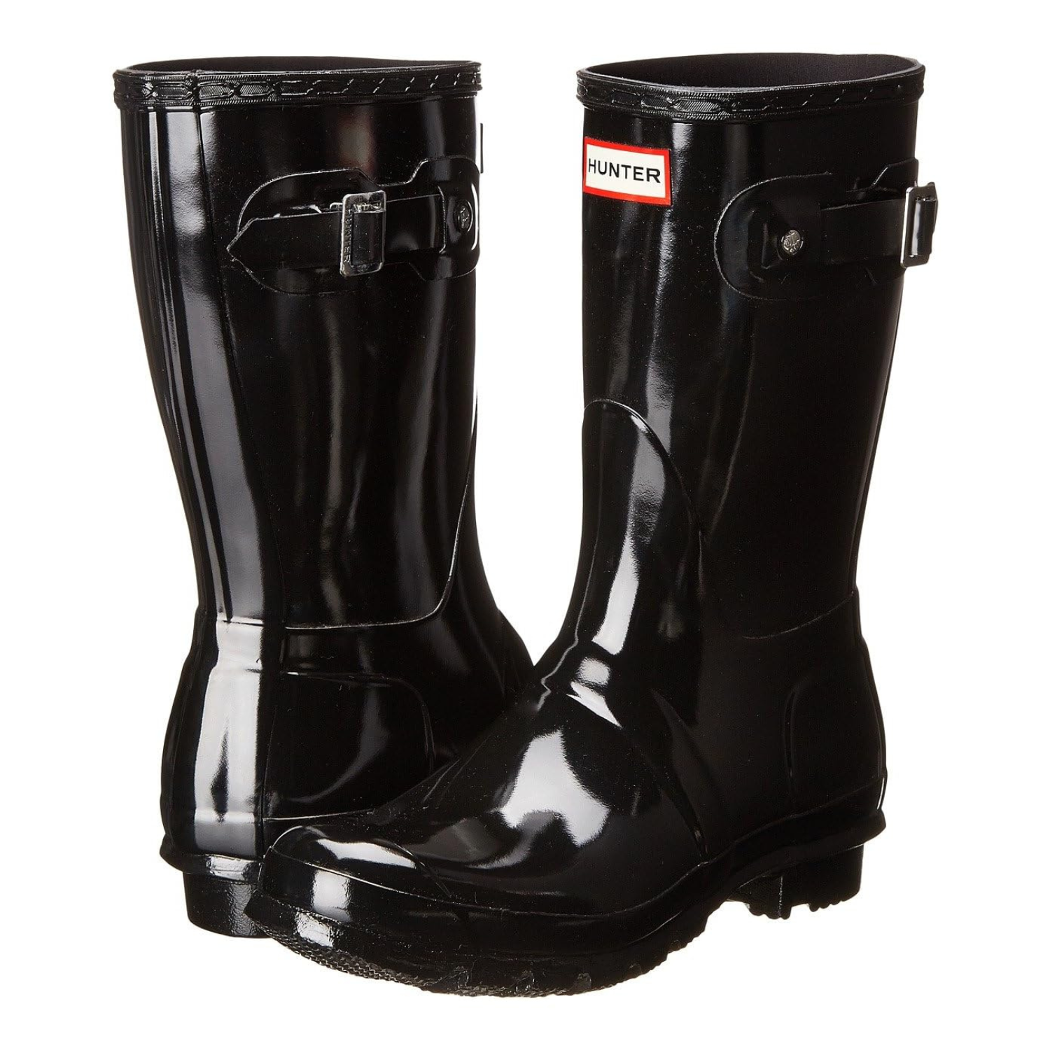 Black glossy rubber rain boots with a mid-calf height, featuring adjustable side buckles and the Hunter logo on the front.