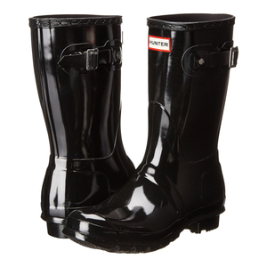 Black glossy rubber rain boots with a mid-calf height, featuring adjustable side buckles and the Hunter logo on the front.