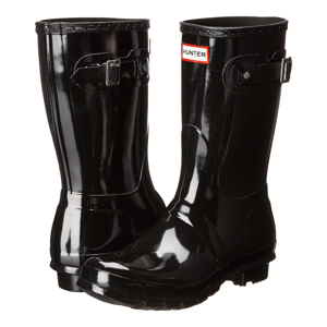 Black glossy rubber rain boots with a mid-calf height, featuring adjustable side buckles and the Hunter logo on the front.