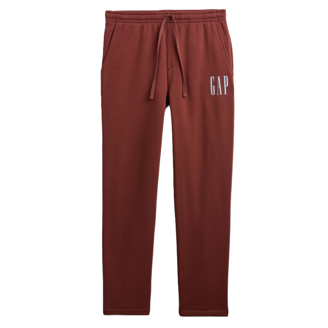 Maroon joggers with a drawstring waistband and the GAP logo on the upper left side.