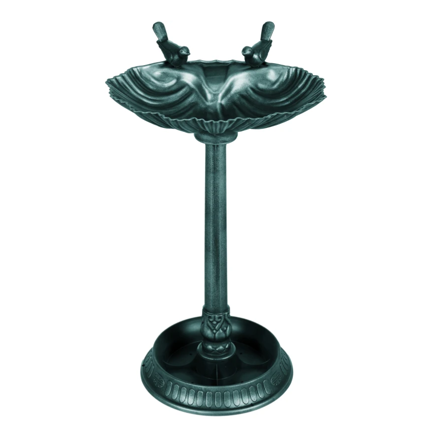 A decorative bird bath with a pedestal design, featuring two small bird sculptures. The structure has a dark, metallic finish and a round base for stability.