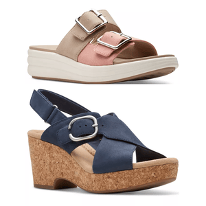 Two styles of women's sandals: the upper is a beige and pink platform sandal, and the lower is a blue wedge sandal with cork heels.