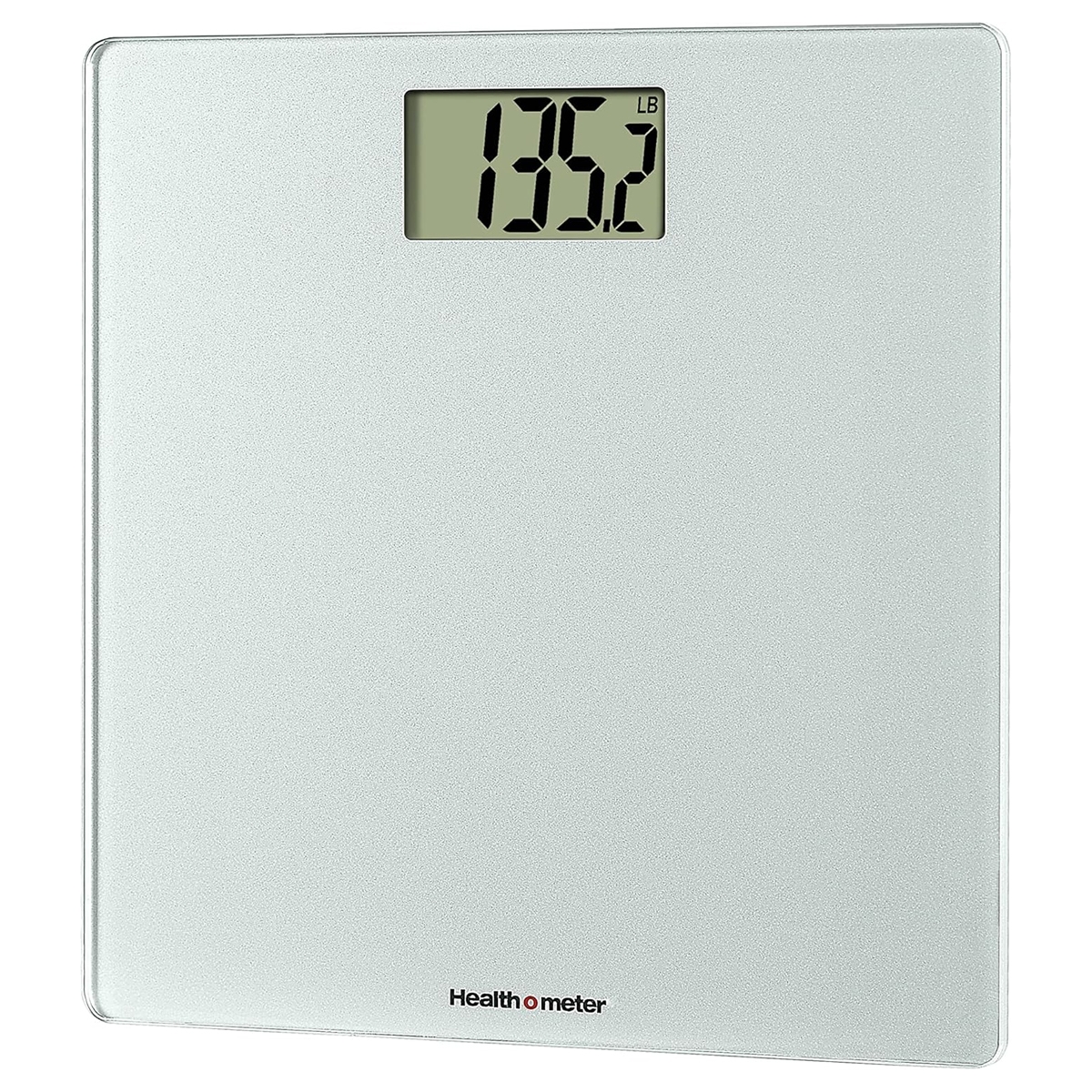 A digital body weight scale displaying 135.2 lbs, with a sleek, square design and a clear LCD screen.