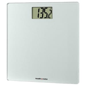 A digital body weight scale displaying 135.2 lbs, with a sleek, square design and a clear LCD screen.