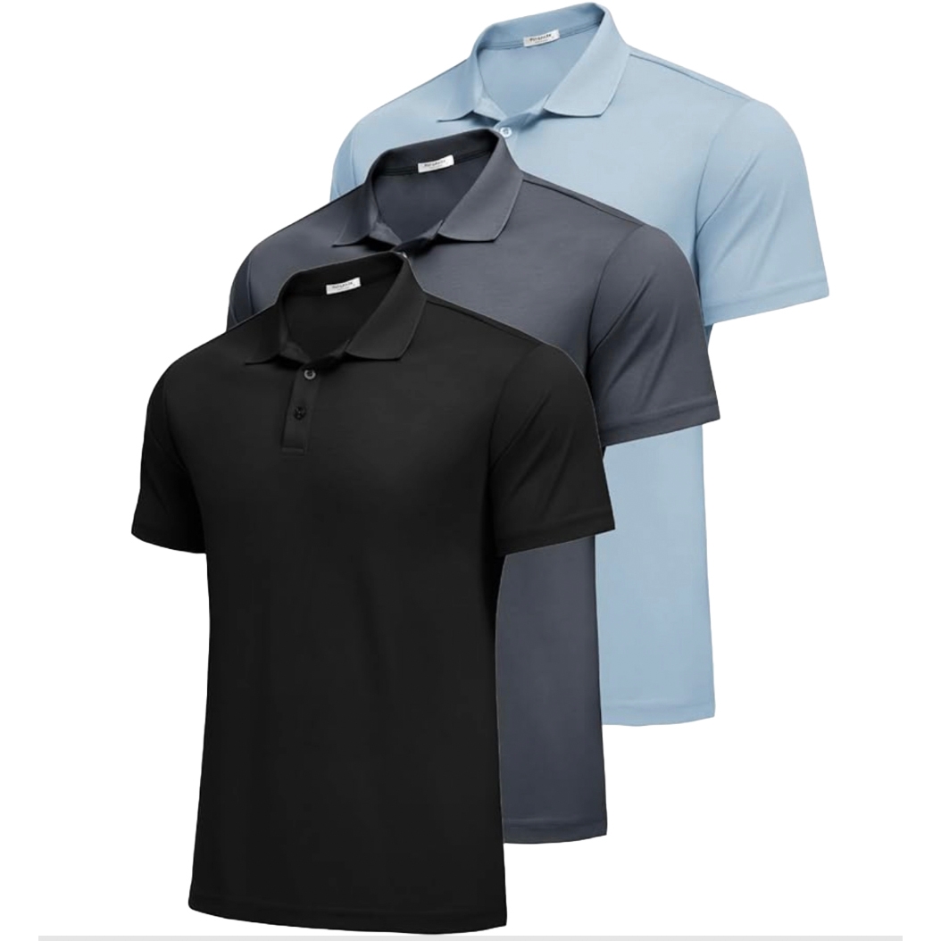 Three men's polo shirts in black, gray, and light blue, each featuring short sleeves, a classic collar, and a button placket.