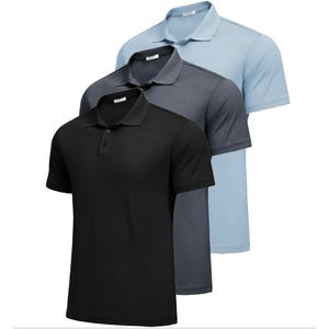 Three men's polo shirts in black, gray, and light blue, each featuring short sleeves, a classic collar, and a button placket.