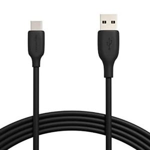 A 6-foot black Amazon Basics USB-C cable featuring a USB-A connector on one end and a USB-C connector on the other end, designed for charging and data transfer.