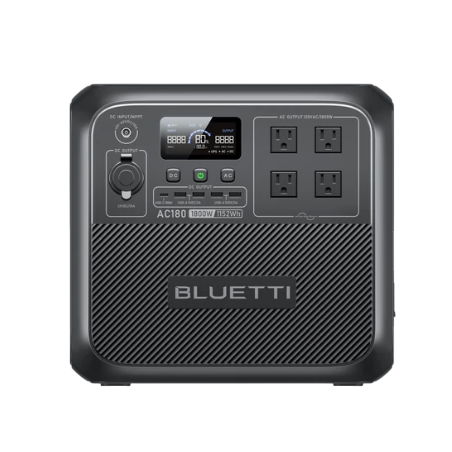A BLUETTI AC180 portable power station featuring four AC outlets, digital display, and control buttons for managing power settings.