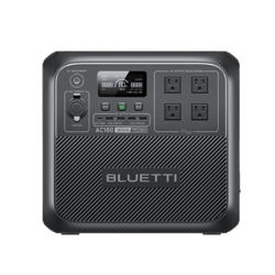 A BLUETTI AC180 portable power station featuring four AC outlets, digital display, and control buttons for managing power settings.