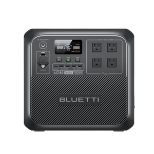 A BLUETTI AC180 portable power station featuring four AC outlets, digital display, and control buttons for managing power settings.